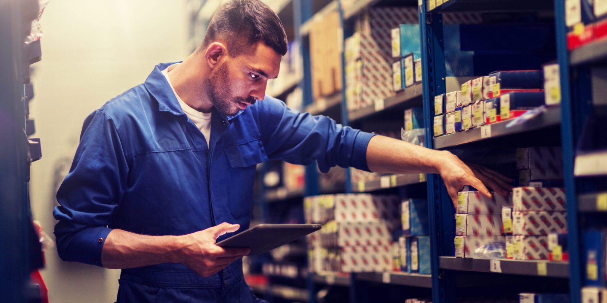 Uomo in magazzino che guarda i prodotti