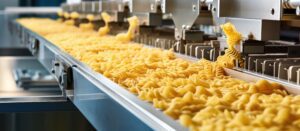 Pasta producing process various types of pasta on conveyor belt.