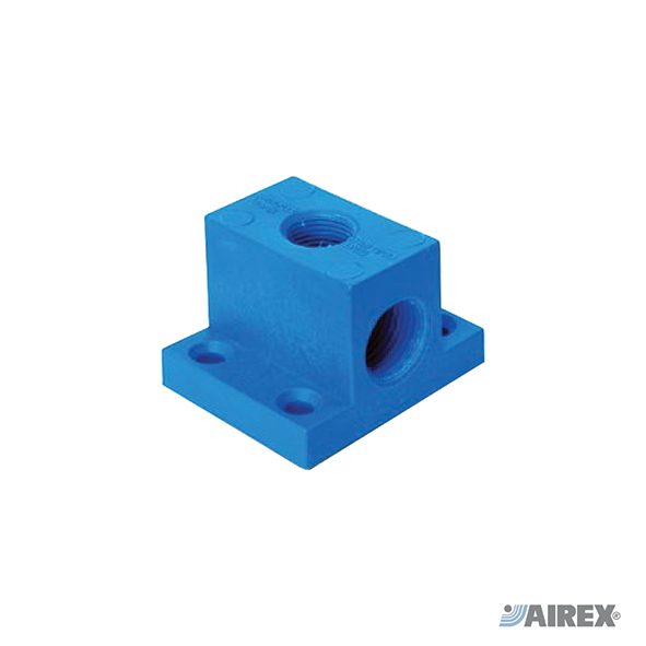 Presa a muro in tecnopolimero blu con fori di fissaggio per calate aria compressa. AIREX